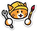 cute orange cat holding a wrench and a paintbrush, wearing a hard hat